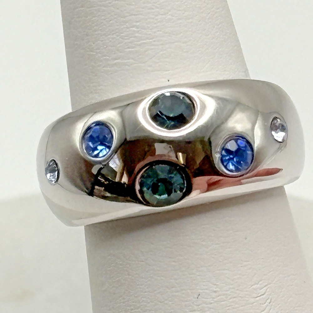Rhodium Plated Silver Tone Dome Ring 6 Blue Stones NWOT Camille Lucie Band